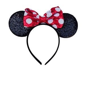 Disney Parks Minnie Mouse Classic Sequin Ears Headband Red Polka Dot Bow